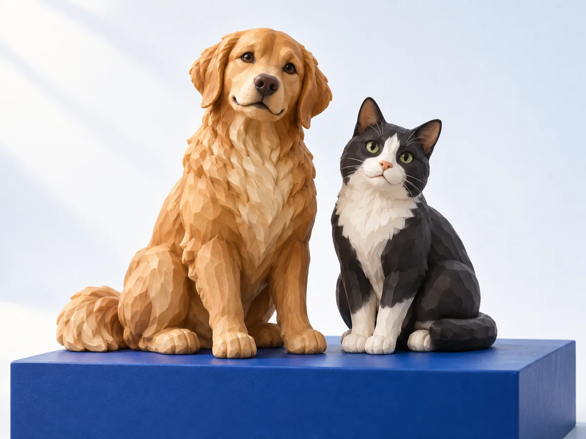 Illustrated custom figurine concepts of a golden dog and black-and-white cat